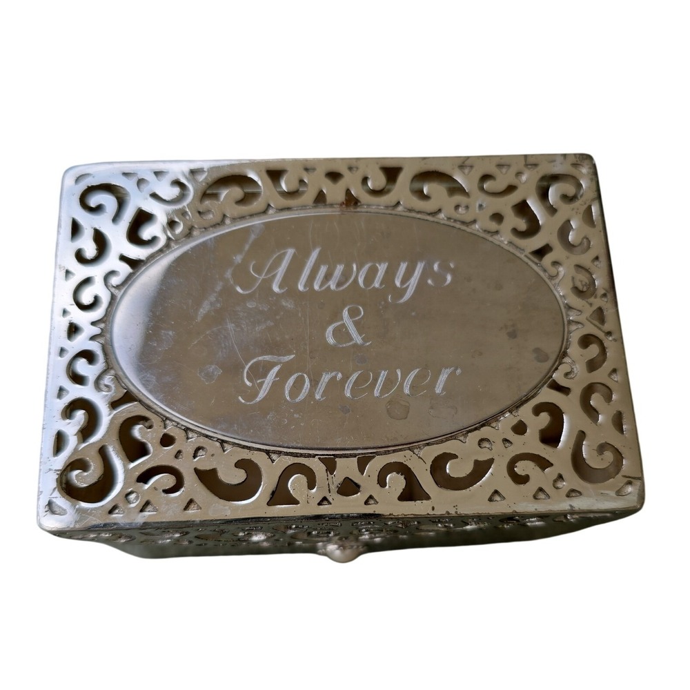 Always & Forever Silver‎ Tone Filigree Jewelry Trinket Box Faux Pearl Accent Z2